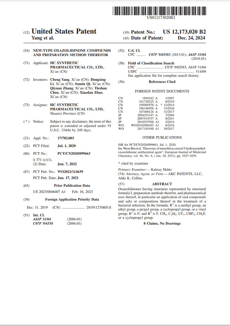 US12173020B2新型噁唑烷酮类化合物及其制备方法（美国专利）